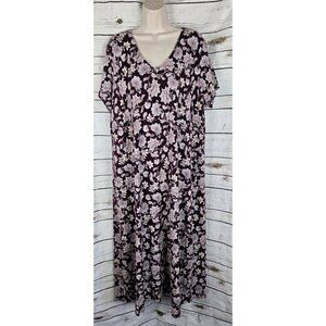 J Jill Burgundy Floral Maxi Dress XL Pima Cotton Blend Cottagecore Short Sleeve